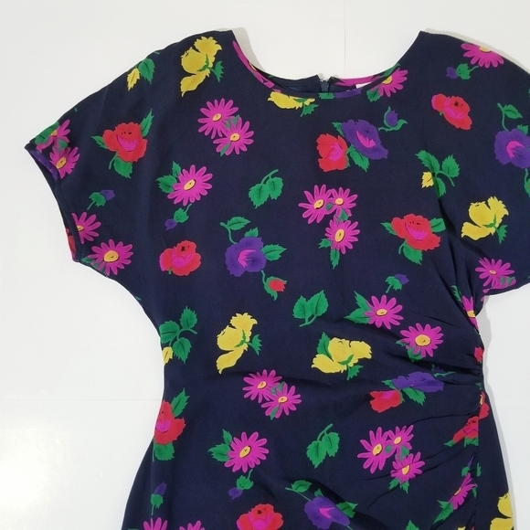 UNGARO Ter Vintage 80s Navy & Multi Silk Floral Print Dress - Picture 12 of 13